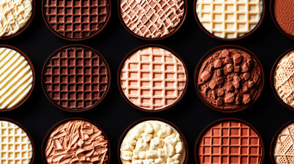 A row of chocolate waffle cookies with different designs and colors