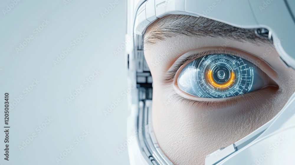 Poster futuristic close-up of a cybernetic eye with intricate digital patterns and advanced technology elem