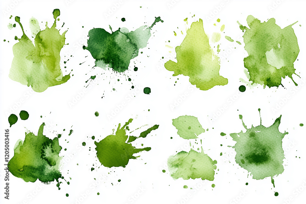 Poster set of green splatters on a white background. the splatters are of various sizes and shapes, creatin