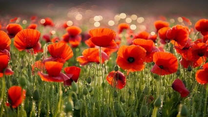 Obraz premium Poppies, poppy field, dew drops glitter in the sun - generative AI