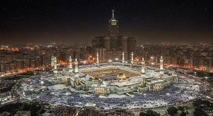 A night view of Makkah’s skyline with the Grand Mosque glowing brightly under a clear starry sky