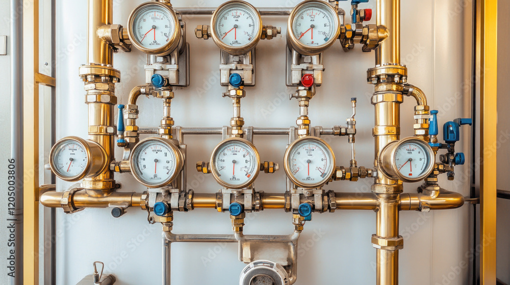 Poster pressure gauges and valves measuring pressure and temperature in pipeline system
