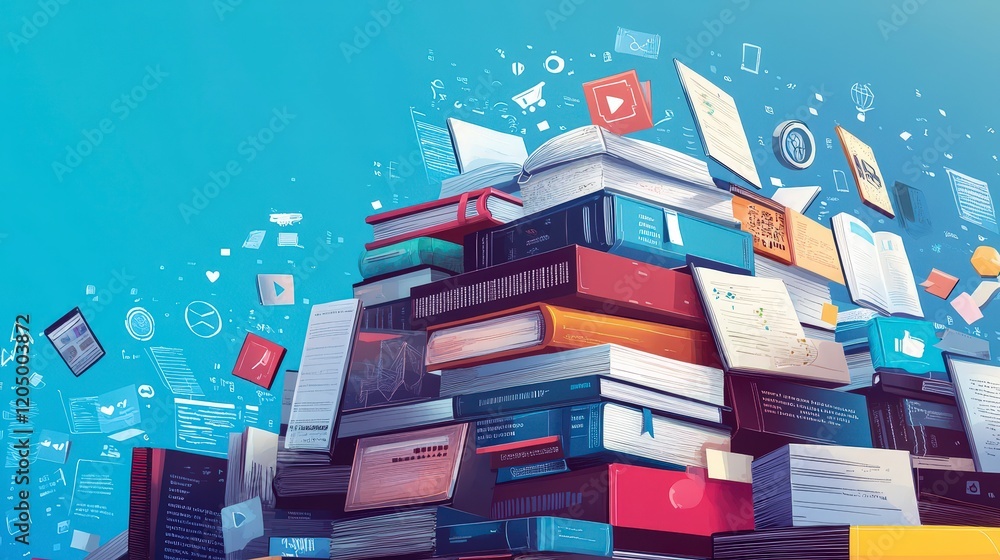 Aufkleber colorful stack of books with floating digital icons and graphics