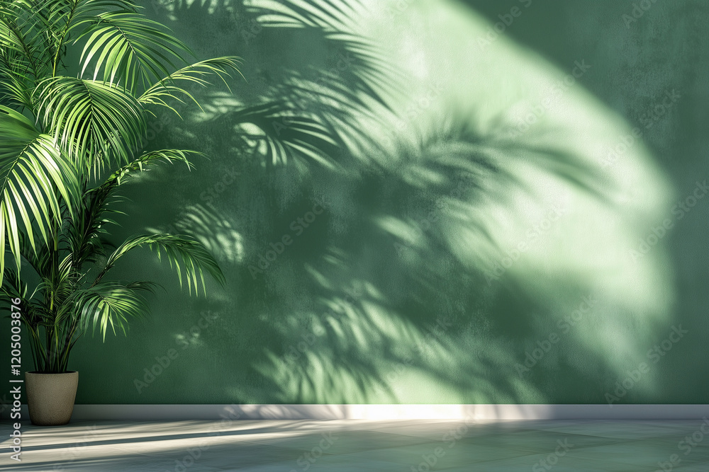 Poster room with a green wall and a palm tree in a pot. the palm tree casts a shadow on the wall, creating 