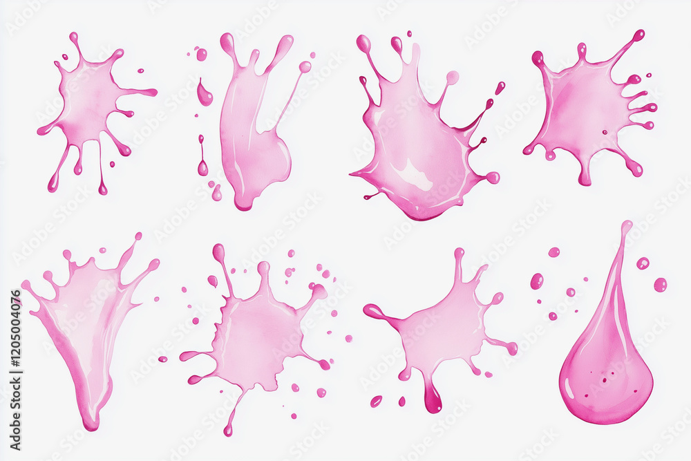 Poster set of pink splatters on a white background. the splatters are of different sizes and shapes, creati
