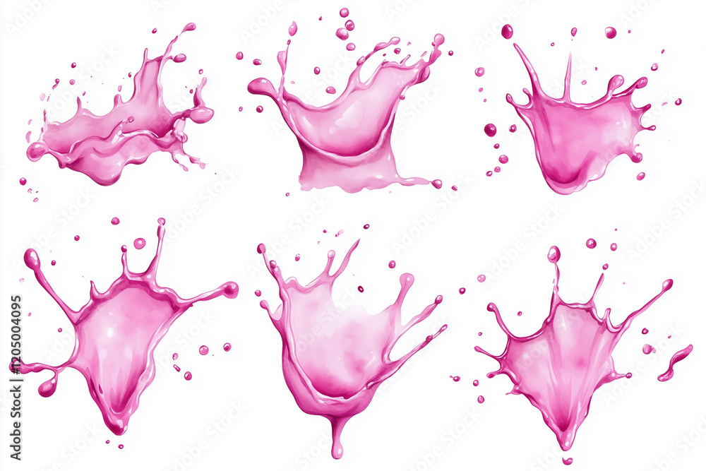 Poster series of pink splashes of water. the splashes are of different sizes and are scattered across the i