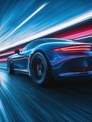 Movement shot of fast blue car driving on asphalt road with high speed. Neural network ai generated art