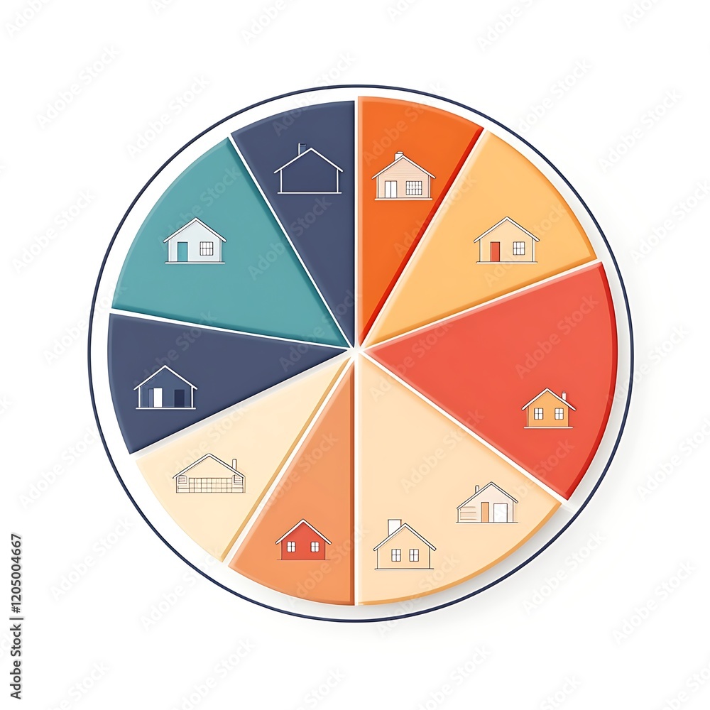 Poster a colorful pie chart featuring various house icons, representing different segments or categories re