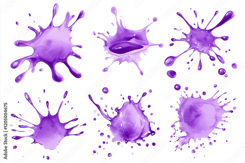 Poster series of purple splatters on a white background. the splatters are of different sizes and shapes, c