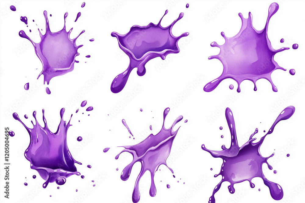 Poster series of purple splatters on a white background. the splatters are of different sizes and shapes, c