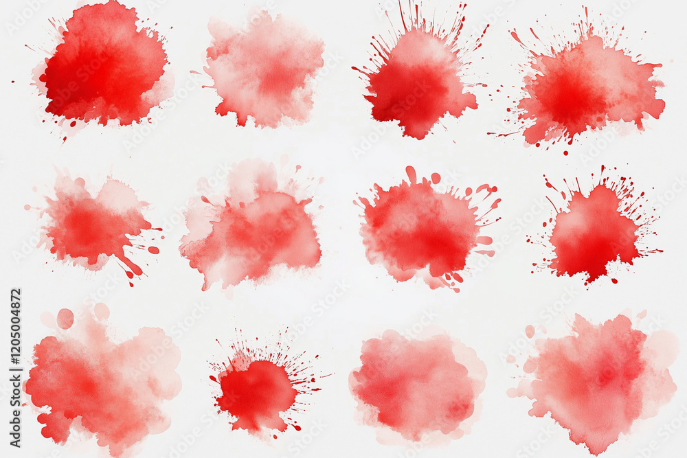 Poster series of red splatters on a white background. the splatters are of different sizes and shapes, crea