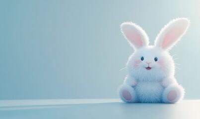 Obraz premium Cute fluffy bunny sits, pastel blue background, Easter