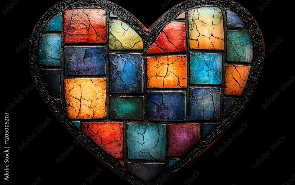 Poster patchwork heart design with vibrant swirling patterns and colorful squares, creating a lively, artis