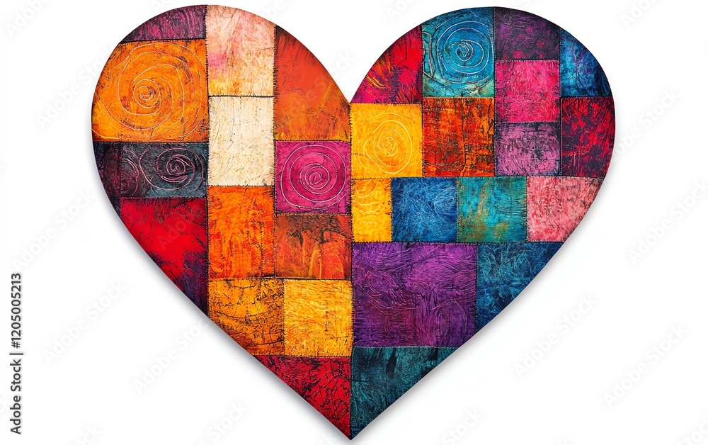 Poster patchwork heart design with vibrant swirling patterns and colorful squares, creating a lively, artis