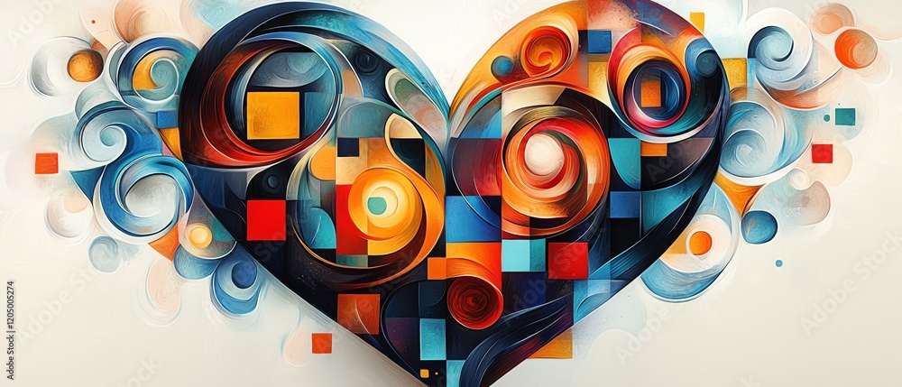 Poster patchwork heart filled with vibrant swirls and colorful squares, showcasing a bold and intricate ble