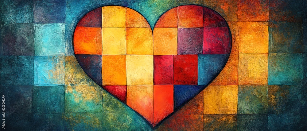 Poster patchwork heart filled with vibrant swirls and colorful squares, showcasing a bold and intricate ble