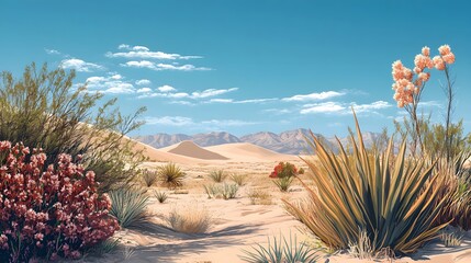 Desert Landscape Featuring Sand Dunes and Varied Flora