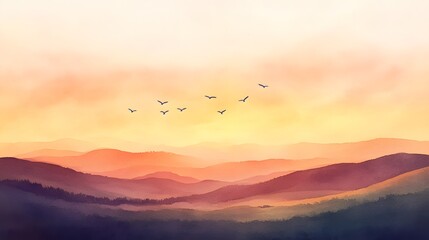 Obraz premium Sunset Over Rolling Hills Birds Fly High Above