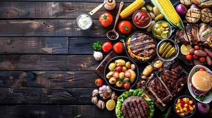 Summer BBQ or picnic food table scene Burgers