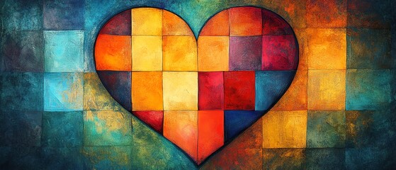Patchwork heart filled with vibrant swirls and colorful squares, showcasing a bold and intricate blend of colors and geometric patterns in an artistic heart illustration