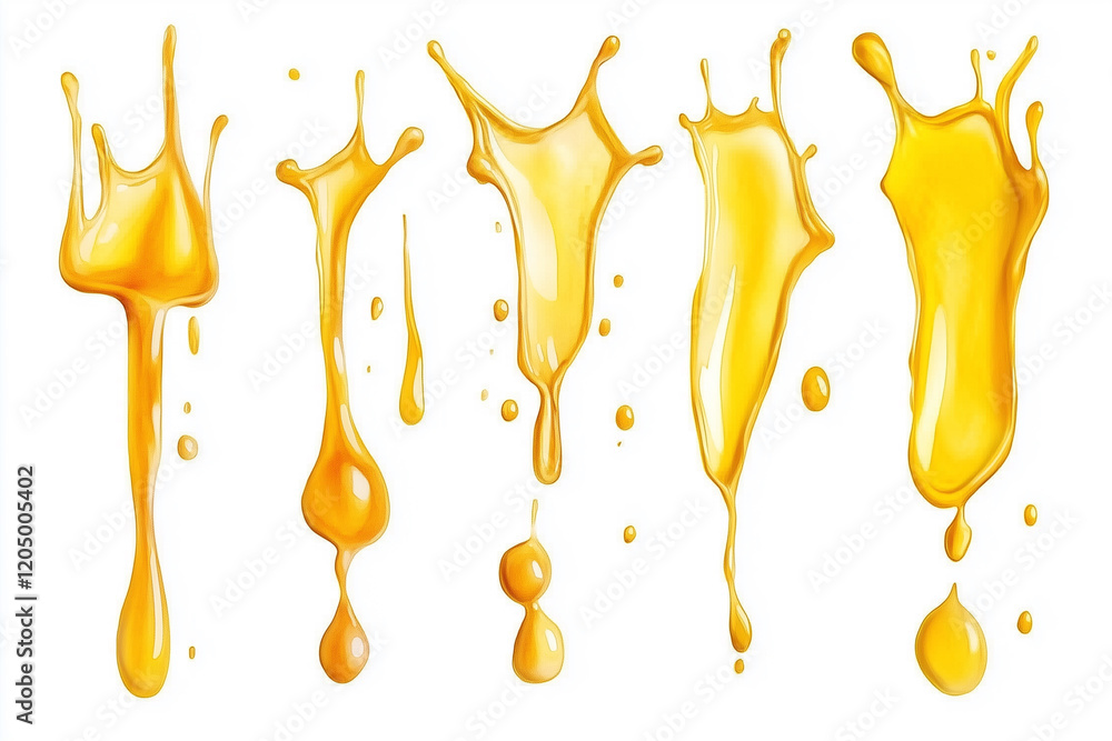 Poster series of yellow splatters on a white background. the splatters are of different sizes and shapes, c