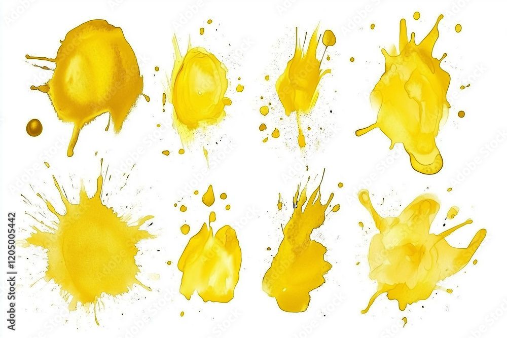 Poster set of yellow splatters on a white background. the splatters are of different sizes and shapes, crea