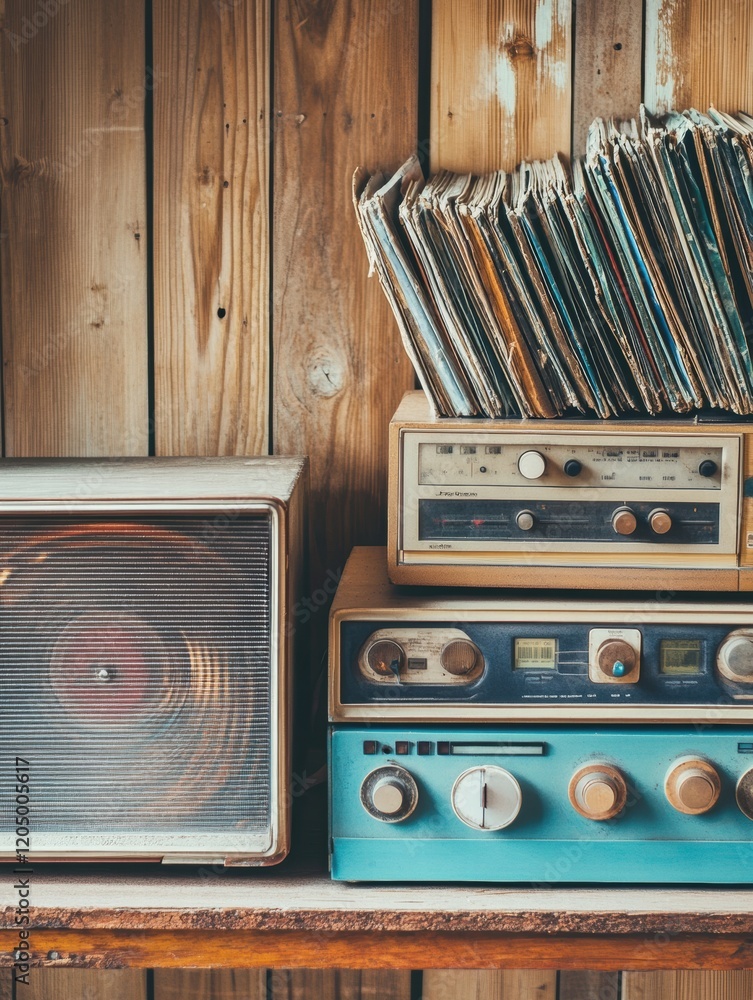Fototapete Vintage record player and stereo system with vinyl records in a rustic wooden setting in warm afternoon light. Generative AI