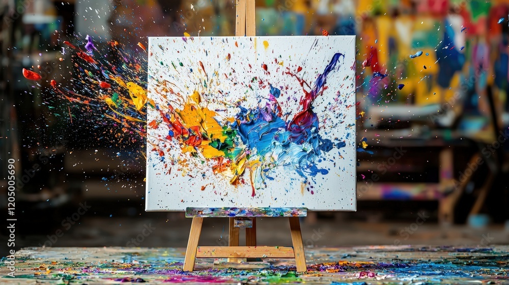 Poster colorful abstract paint splatter artwork on canvas with dynamic motion effect