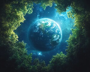 Spherical Earth in space, encircled by dense green trees, with a deep blue nighttime sky, glowing stars, and a peaceful celestial wilderness vibe
