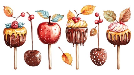 Autumn Candy Apples & Cupcakes Watercolor Illustration.