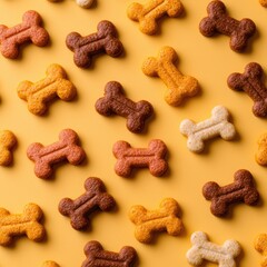 Fototapeta premium Colorful Dog Treats Arranged on Yellow Background