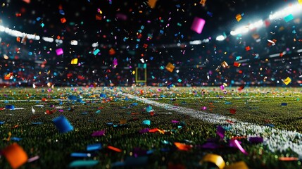 Football field with scattered confetti and colorful streamers, New Day celebration game
