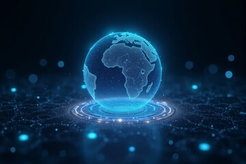 Obraz premium An AI-powered virtual assistant visualized as a holographic sphere, surrounded by pulsating waves of light, futuristic digital particles floating in a dark background