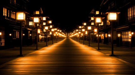 Illuminated Night Street in Asian Cityscape with Traditional Architecture
