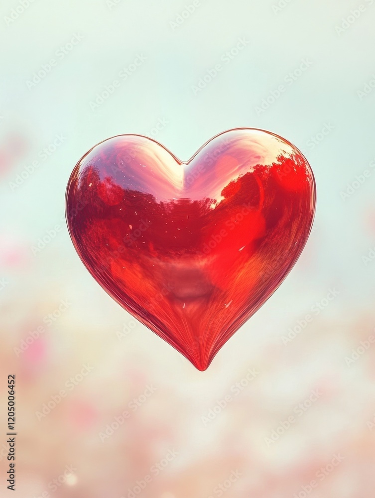 Poster a vibrant red heart shape floating against a soft pastel background, creating a romantic ambiance wi