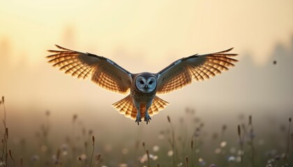 Obraz premium Owl is flying through a field of tall grass