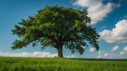 Fototapeta premium Green Landscape View With A Tree Stand Still, Blue Sky With Clouds. Beautiful Landscape View