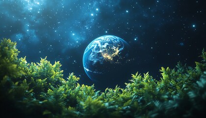 Earth globe floating in space, surrounded by dense green trees, nighttime setting with a dark sky full of stars, glowing trees, and a tranquil cosmic atmosphere