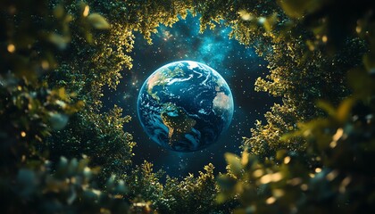 Earth globe suspended in space, encircled by dense green trees, with a clear night sky, stars twinkling above, and a peaceful, cosmic wilderness vibe