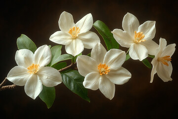 Elegant White Flowers Blossom on Branch Against Dark Background