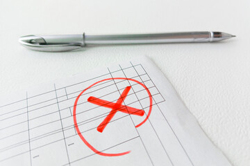 There is a document with a negative red mark on the table. Refusal of employment. The exam was not passed. Crisis. Termination of the contract, the contract. Dismissal.