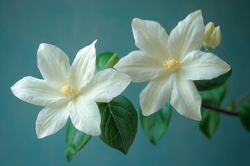 Fototapeta premium Two Delicate White Flowers Blossom on Green Leaves