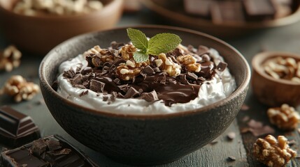 Chia yogurt, black chocolate and walnuts. Keto breakfast. Keto diet.