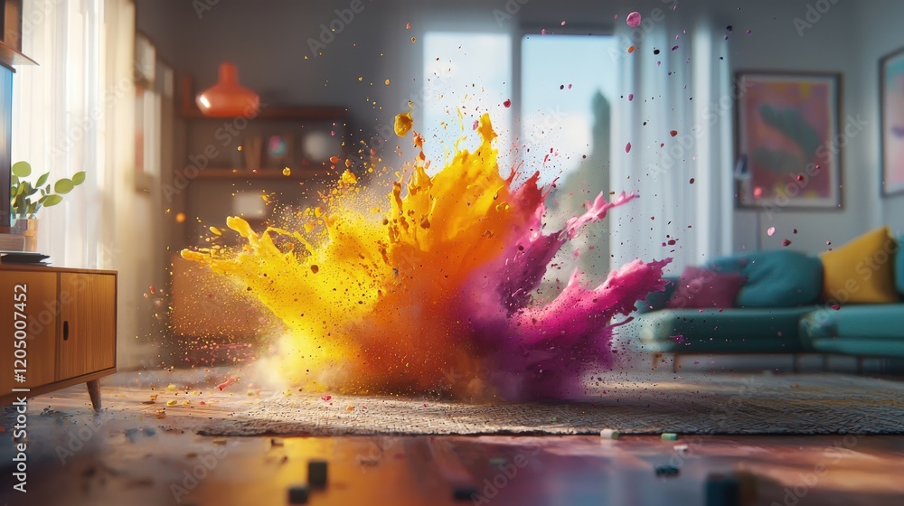 Poster dynamic color explosion in modern living room with daylight streaming through windows
