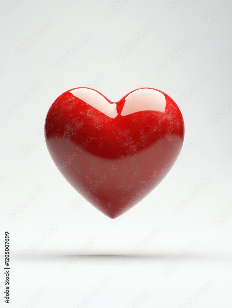 Poster simple red heart floating in the center of a clean white background, creating a minimalist and elega