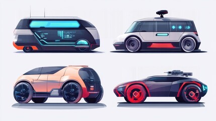 Naklejka premium Futuristic driverless automobiles. Smart vehicles digital software. Autonomous car, autonomous driving, self-parking car system metaphors. Vector isolated concept metaphor illustrations