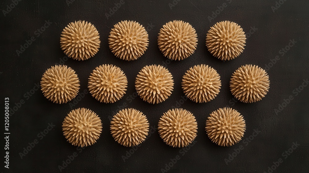 Poster unique textured natural objects arrangement on dark background