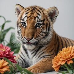 Obraz premium A cute tiger cub resting beside a bright flower, white background.