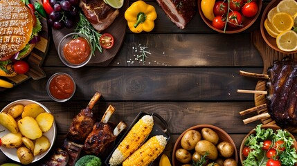 Summer BBQ or picnic food table scene Burgers