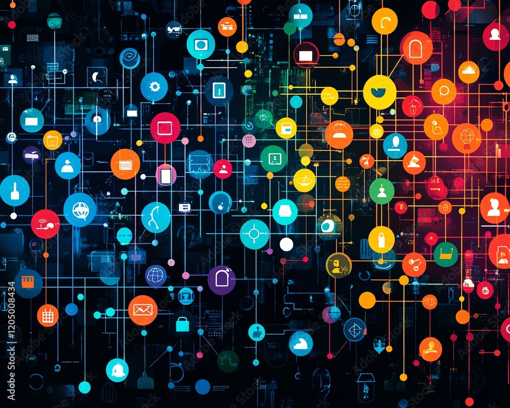 Poster bright and colorful network of user icons connected by lines, set against an abstract background, re